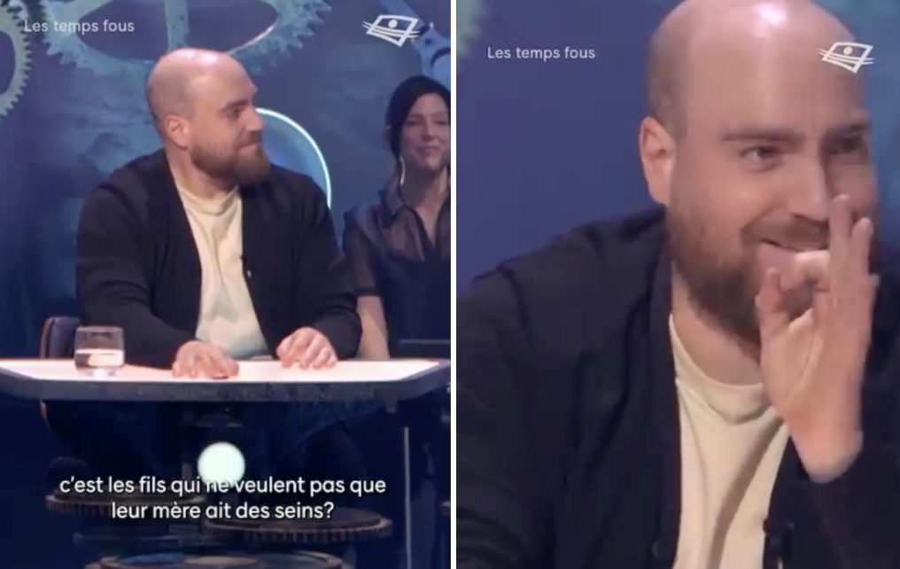 Janette Bertrand questionne Phil Roy sur le plateau des Temps fous